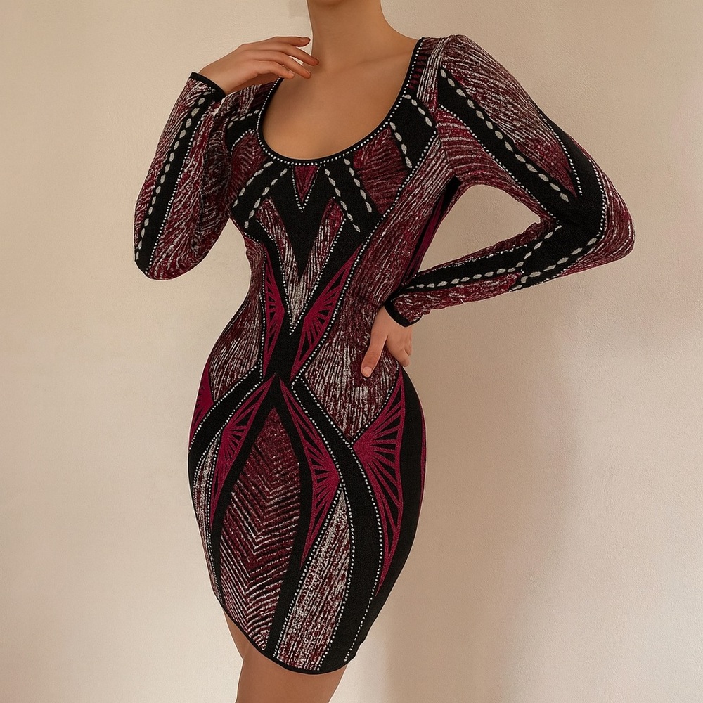 Guess Black and Pink Long Sleeve Embellished Geometric Bodycon Dress Size Small